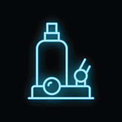 Neon icon of blue color, isolated vector illustration of a hydraulic bottle jack on a black background