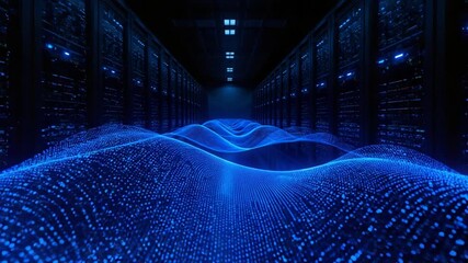 Rows of dark server racks with glowing blue data streams flowing like waves in a digital landscape - Powered by Adobe