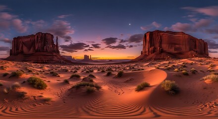 Desert Landscape Twilight with Majestic Buttes and Crescent Moon