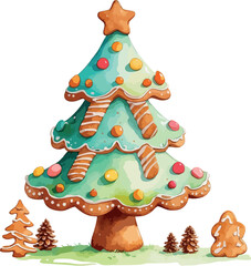 A whimsical gingerbread Christmas tree decorated with icing, candy ornaments, striped cookie sticks, and surrounded by small cookie trees on a snowy patch.