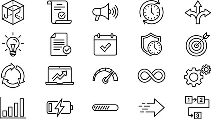Productivity, Business, Management, and Strategy Outline Icons Set: Goal Achievement, Time Management, Workflow, Performance, Idea Generation, and Continuous Improvement Vector Collection
