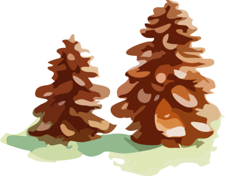 Two stylized gingerbread pine trees with layered cookie-like branches stand on a patch of soft green icing snow in a warm holiday-themed illustration.