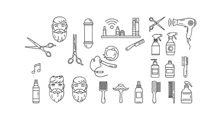 Collection of simple line art barber shop equipment and tools icons exactly 100 characters