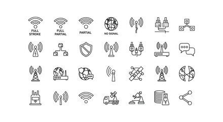 Set of internet network wireless connectivity icons simple graphic element style line art 100