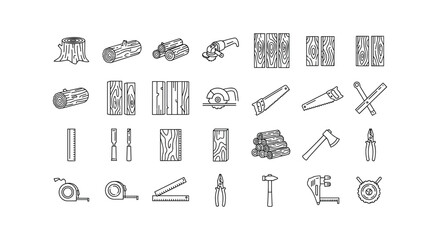 Naklejka premium Collection of linear icons illustrating woodworking and construction for carpenters exactly 100