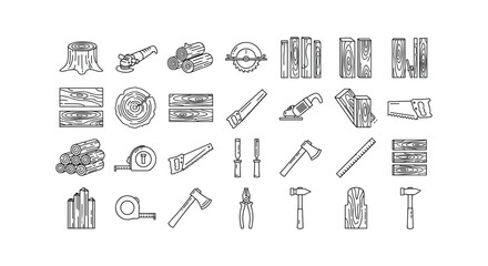 Wood and carpentry line icons set of equipment tools and materials vector illustration