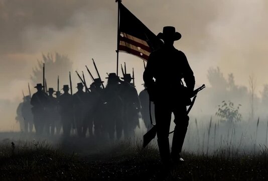 Silhouette of American Civil War Soldiers Marching Through Foggy Battlefield Ambience