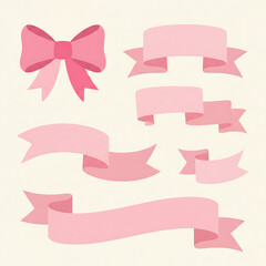 Obraz premium Set of soft pastel pink ribbons and bows in various shapes and folds. Feminine banner design elements for baby showers, greeting cards, romantic themes, or packaging.