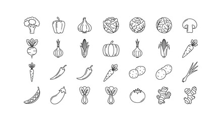 Collection of outline vegetables icon set includes carrot corn mushroom and more isolated