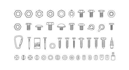Hardware nuts and bolts fasteners line art drawing illustration of assorted construction parts