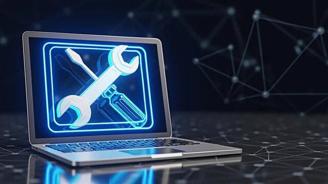 Laptop screen with tool icon for the concept of technology and computer repair. - Powered by Adobe