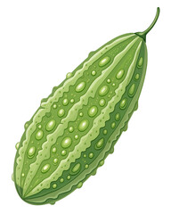Bitter gourd clipart with simple bumpy texture, flat green tones, smooth vector outline, transparent PNG.