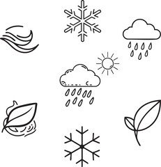 Collection of black line art weather icons including sun rain clouds snowflake and leaves climate symbol