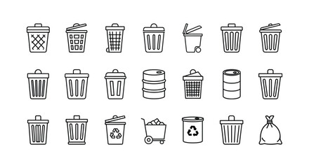 Set of different trash cans and baskets line vector illustrations isolated on white background