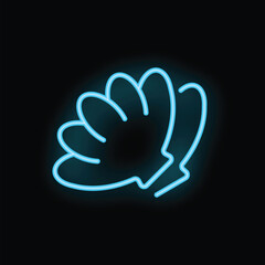 Bright blue neon sign in the shape of a seashell glowing on a black background