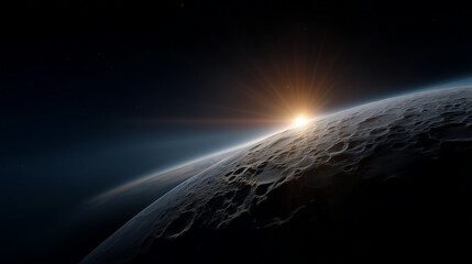 A dramatic space scene featuring the Moon in the foreground, its rocky, cratered surface sharply detailed and illuminated by faint distant starlight. Behind it, Earth appears parti