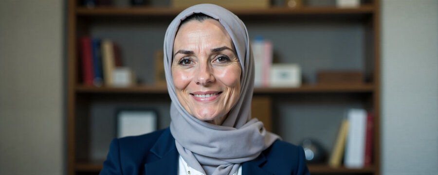 Professional woman with a headscarf smiling in an office setting during daytime