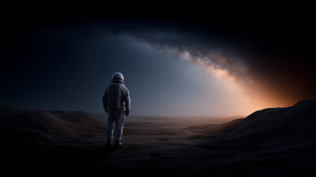 A breathtaking space exploration scene showing a full-body astronaut standing on a dusty alien landscape under a brilliant Milky Way arc. The terrain is dark and textured with smal