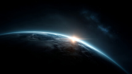 Fototapeta premium A minimalist yet dramatic cosmic horizon scene showing a planetâs curved edge glowing with vivid blue atmospheric light. The illumination rises from behind the planet, producing a