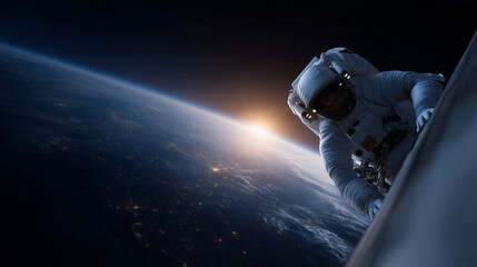 A highly detailed, cinematic orbital scene showing an astronaut performing an EVA on the outside of a space station. The astronaut grips metallic structures while floating above Ea