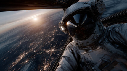 A hyper-realistic scene of an astronaut performing a spacewalk outside a massive space station structure. The astronaut is positioned on the right side of the frame, wearing a full