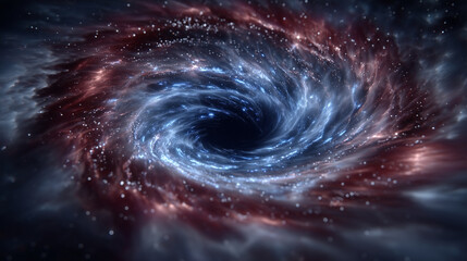 A hyper-detailed cosmic wormhole swirling violently in deep space, forming a perfectly centered circular tunnel that pulls the viewerâs eye inward. The outer edges of the vortex gl