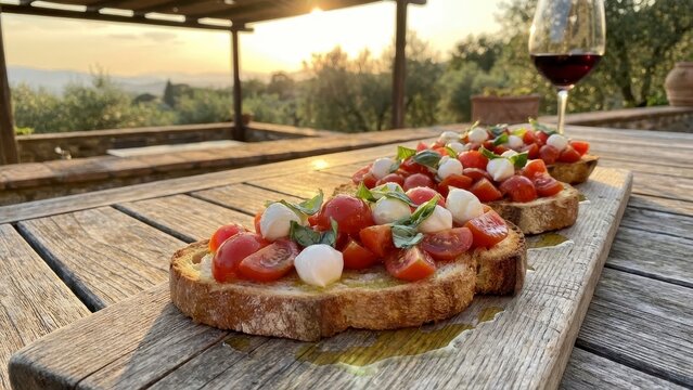 A rustic wooden table holds bruschetta topped with tomatoes and mozzarella, accompanied by a glass of red wine against a scenic outdoor backdrop.