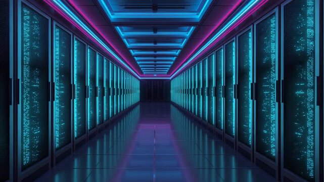 Server room aisle with rows of glass-fronted cabinets glowing with cyan and pink neon lights data center