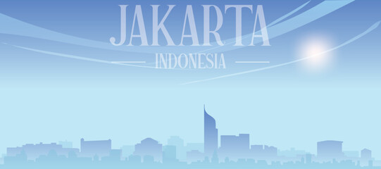 Fototapeta premium Blue panoramic poster of the city skyline with misty background buildings and clouds of JAKARTA, INDONESIA