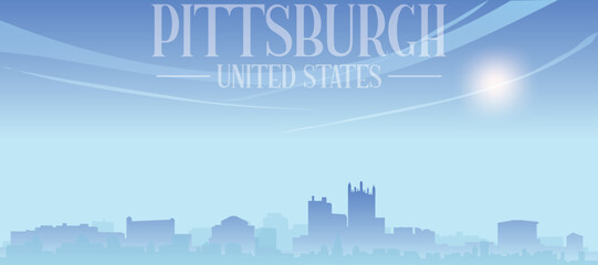 Obraz premium Blue panoramic poster of the city skyline with misty background buildings and clouds of PITTSBURGH, UNITED STATES