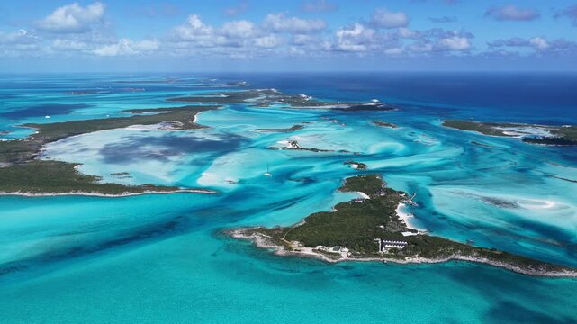 Exuma Skyline At Exuma Islands In Black Point Bahamas. Beach Landscape. Bay Harbor Scenery. Shades Of Blue Watercolor. Exuma Skyline In Exuma Islands In Black Point Bahamas. Amazing Caribbean Sea.