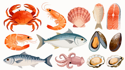 This colorful illustration displays a diverse collection of seafood—including shrimp, salmon, tuna, crabs, scallops, octopuses, and mussels—arranged neatly against a light background.