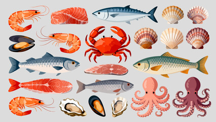 This colorful illustration displays a diverse collection of seafood—including shrimp, salmon, tuna, crabs, scallops, octopuses, and mussels—arranged neatly against a light background.