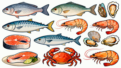 This colorful illustration displays a diverse collection of seafood—including shrimp, salmon, tuna, crabs, scallops, octopuses, and mussels—arranged neatly against a light background.
