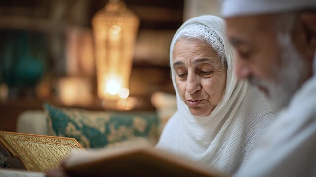 Senior gray-haired woman reads Quran intently. Elderly bearded husband leans beside her closely. Cozy home interior glows with lantern light. Traditional white hijab and cap shine softly.