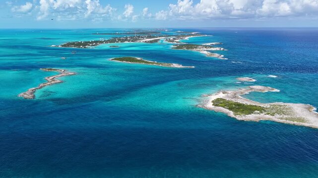 Exuma Skyline At Exuma Islands In Black Point Bahamas. Beach Landscape. Bay Harbor Scenery. Shades Of Blue Watercolor. Exuma Skyline In Exuma Islands In Black Point Bahamas. Amazing Caribbean Sea.