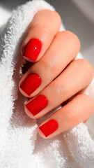 Close-up of a hand with neatly manicured red nails resting on a soft white towel.