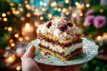 Hand holding slice of cake with cherries and cream on vintage plate against bokeh lights.