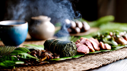 A platter of hawaiian lau lau (pork wrapped in taro leaf) with sliced smoked meat and hot steam.