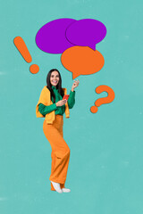 Poster art collage of person use phone having speech bubble exclamation question mark on teal background