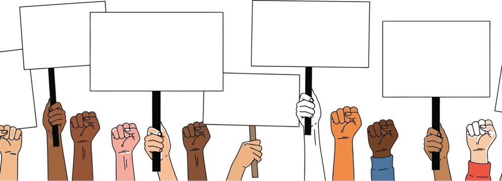 Diverse Hands Holding Protest Signs and Fists Representing Unity and Social Justice