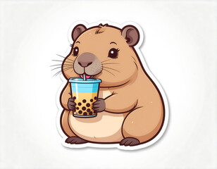 A lovable capybara sipping bubble tea in a soft pastel vector style. Perfect for trendy sticker packs and cute merchandise.
