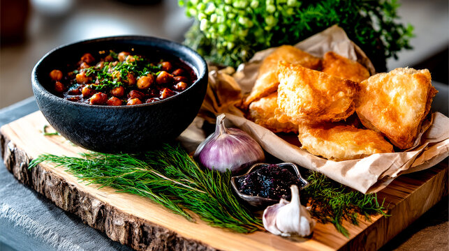 Spicy chickpea curry (chana masala) in a black bowl with fried samosas or poori bread on a rustic wooden slab. - Powered by Adobe