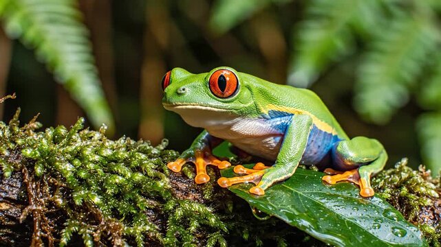 Vibrant green amphibian with striking orange eyes perched on mossy branch detailed macro view