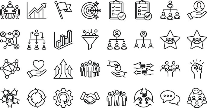 Business teamwork and leadership line icons set illustrating communication, growth analytics, organizational structure, collaboration.