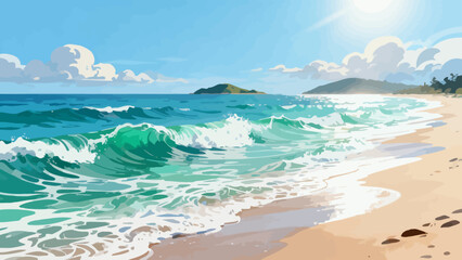 This vibrant illustration depicts a tropical beach scene: turquoise waves crash on golden sand, lined with palm trees, while a sailboat, rainbow, and seagulls fill the bright sky, serene and idyllic