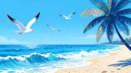 This vibrant illustration depicts a tropical beach scene: turquoise waves crash on golden sand, lined with palm trees, while a sailboat, rainbow, and seagulls fill the bright sky, serene and idyllic