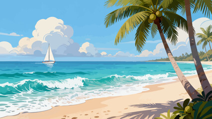 This vibrant illustration depicts a tropical beach scene: turquoise waves crash on golden sand, lined with palm trees, while a sailboat, rainbow, and seagulls fill the bright sky, serene and idyllic