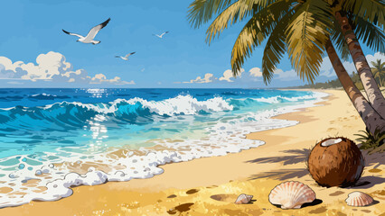 This vibrant illustration depicts a tropical beach scene: turquoise waves crash on golden sand, lined with palm trees, while a sailboat, rainbow, and seagulls fill the bright sky, serene and idyllic