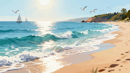 This vibrant illustration depicts a tropical beach scene: turquoise waves crash on golden sand, lined with palm trees, while a sailboat, rainbow, and seagulls fill the bright sky, serene and idyllic